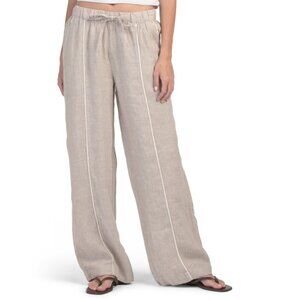TAHARI Cobblestone Linen High Waisted Full Length Drawstring Nest Pants